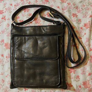 Sm Leather crossbody messenger bag BLACK  7"x 8" zip top, 2 pockets- pre-owned
